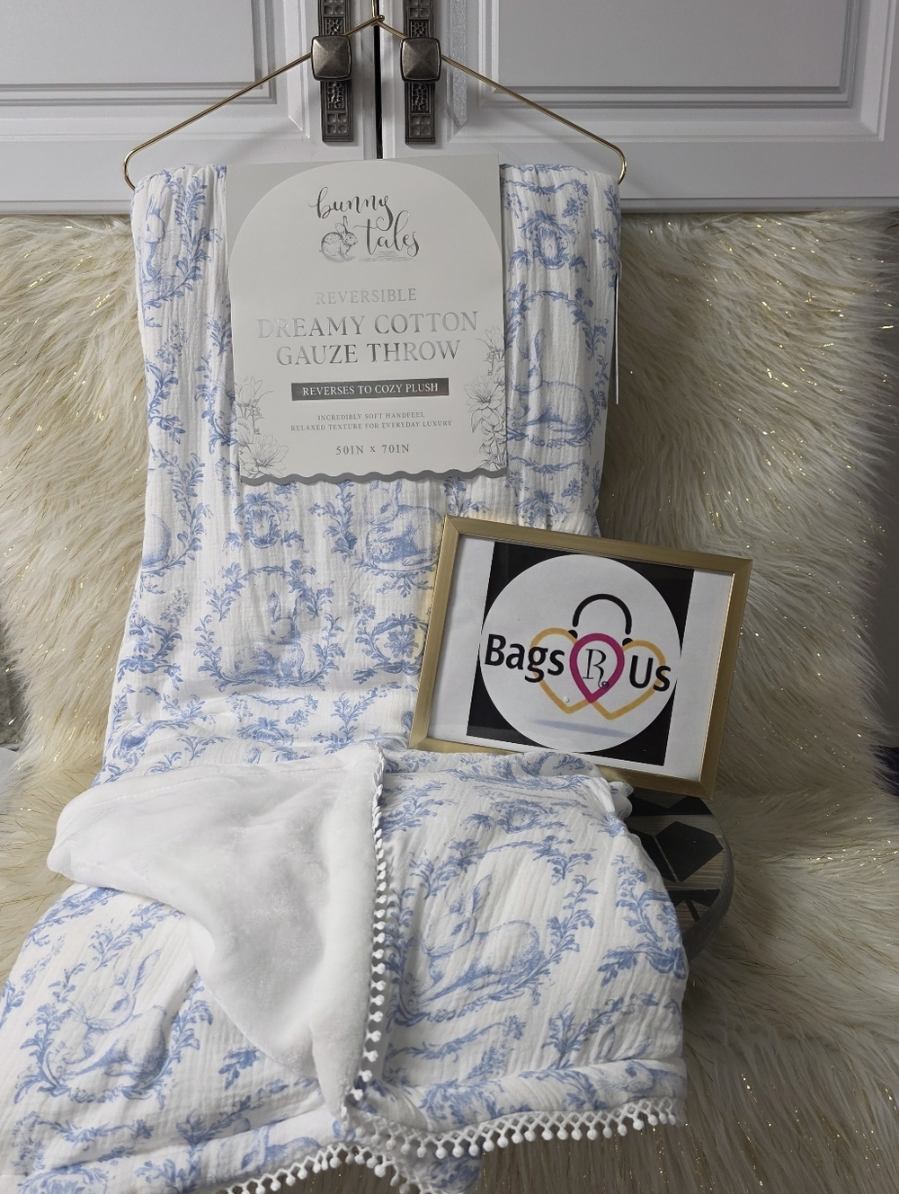 Delphine Coquette Bow Blue Toile Easter Bunny Reversible Fur Gauze Blanket, New